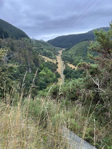 Maitai pipeline dropping to cross the river and back up to the treatment works on the opposite bank